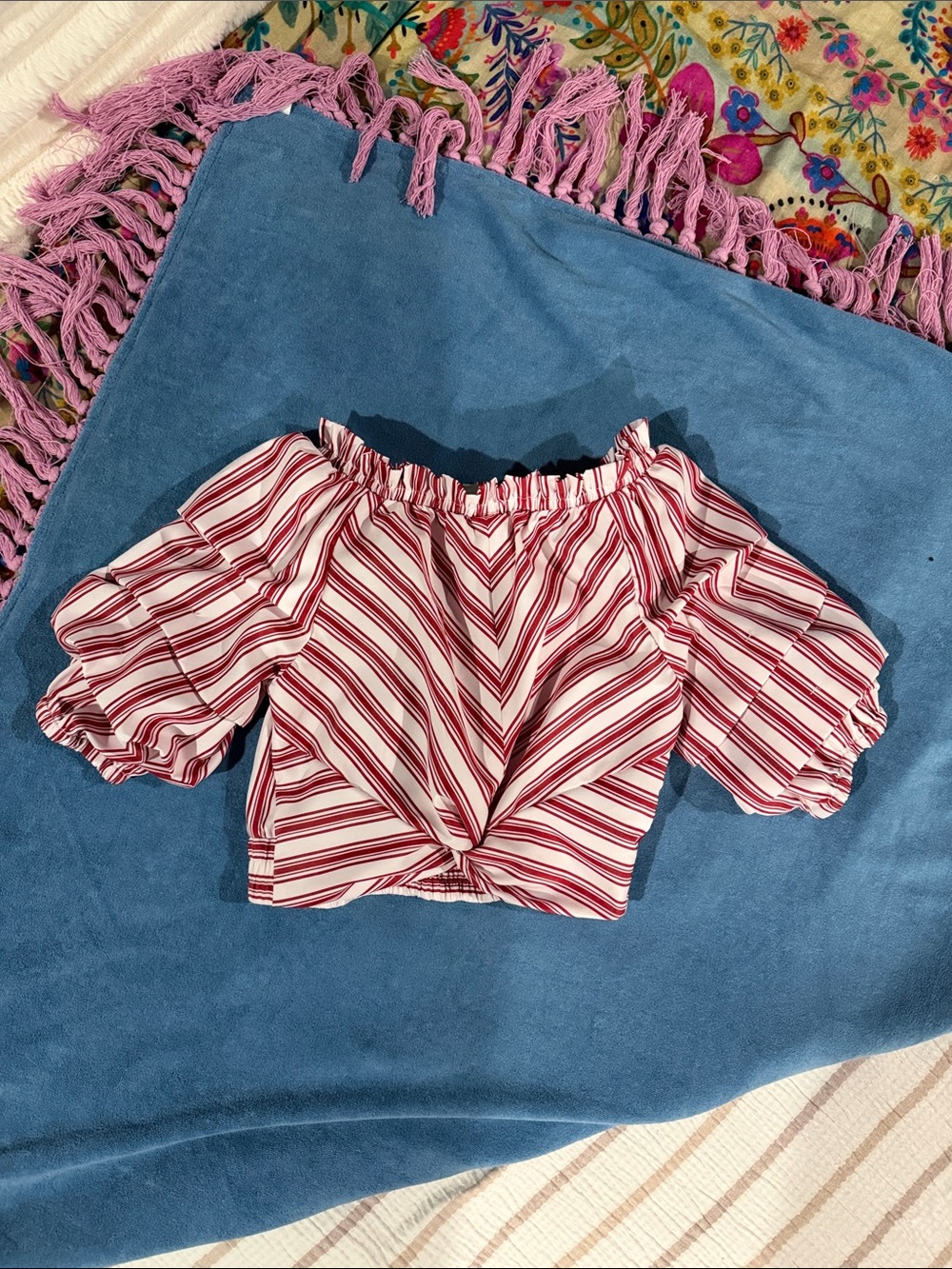 Habitual Red & White Striped Off-Shoulder Crop Top